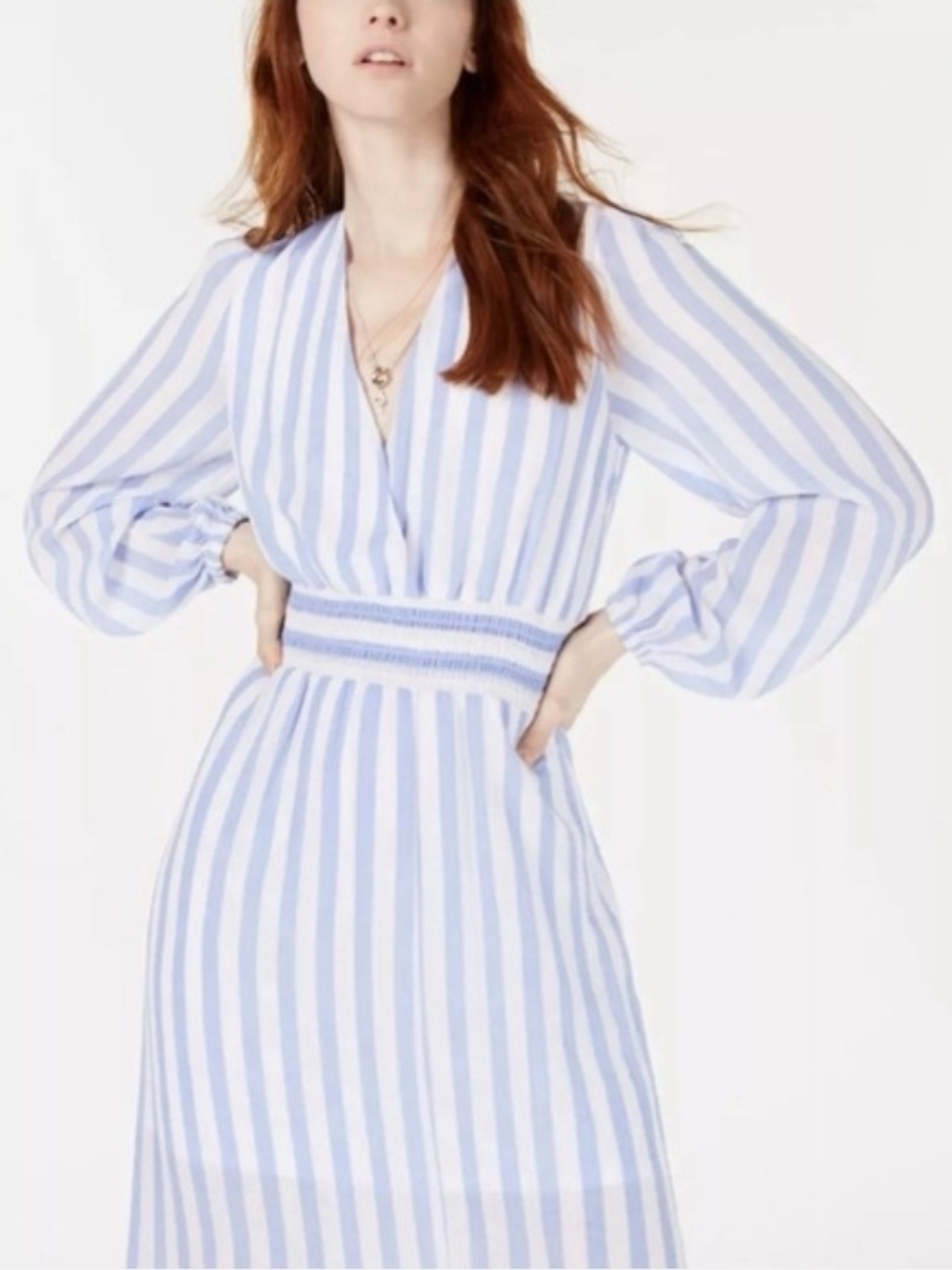 Avec Les Filles Light Blue & White Striped V-Neck Midi Dress